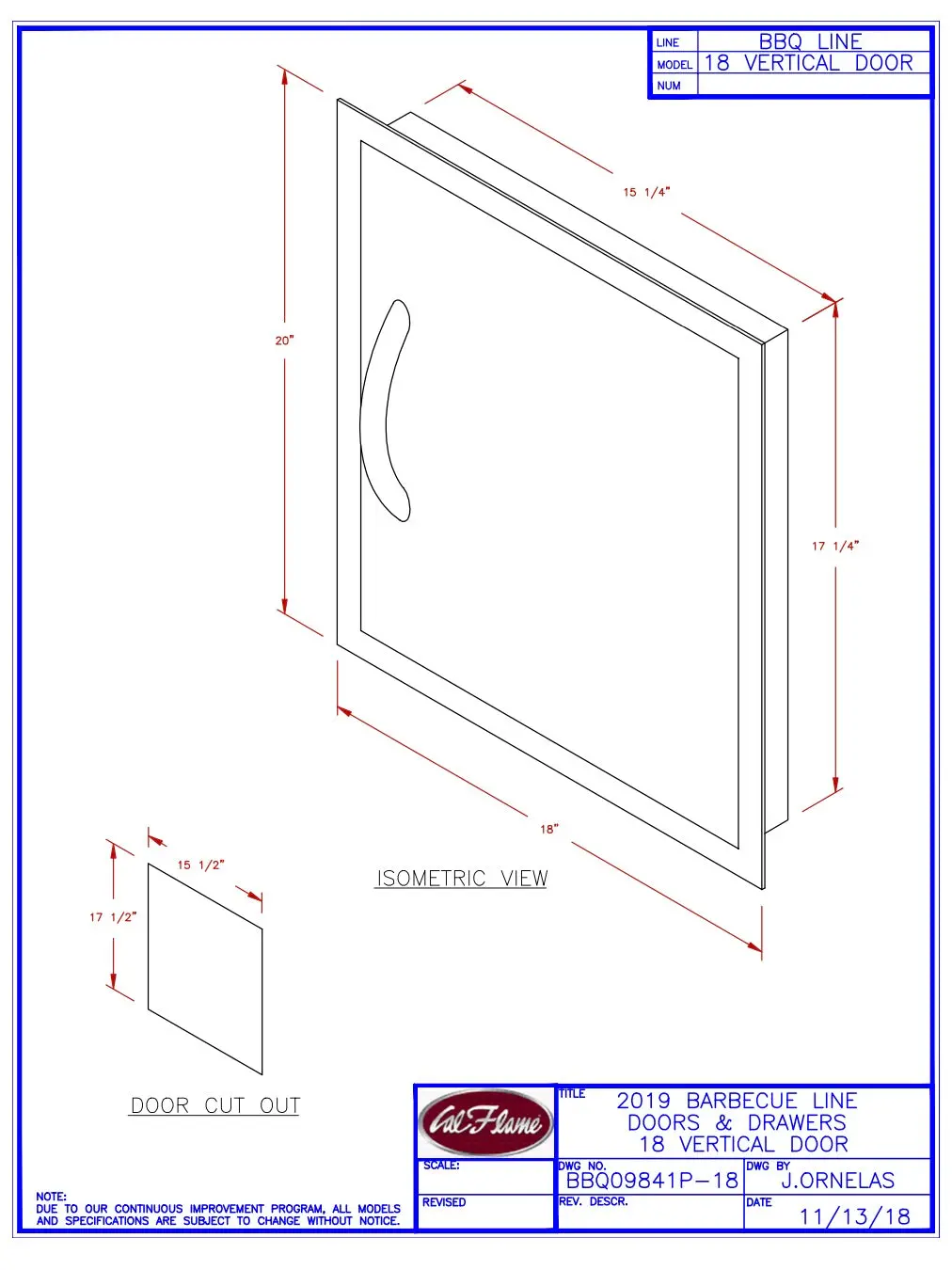 Cal Flame 18" Vertical Door Part #: Bbq09841p-18 2