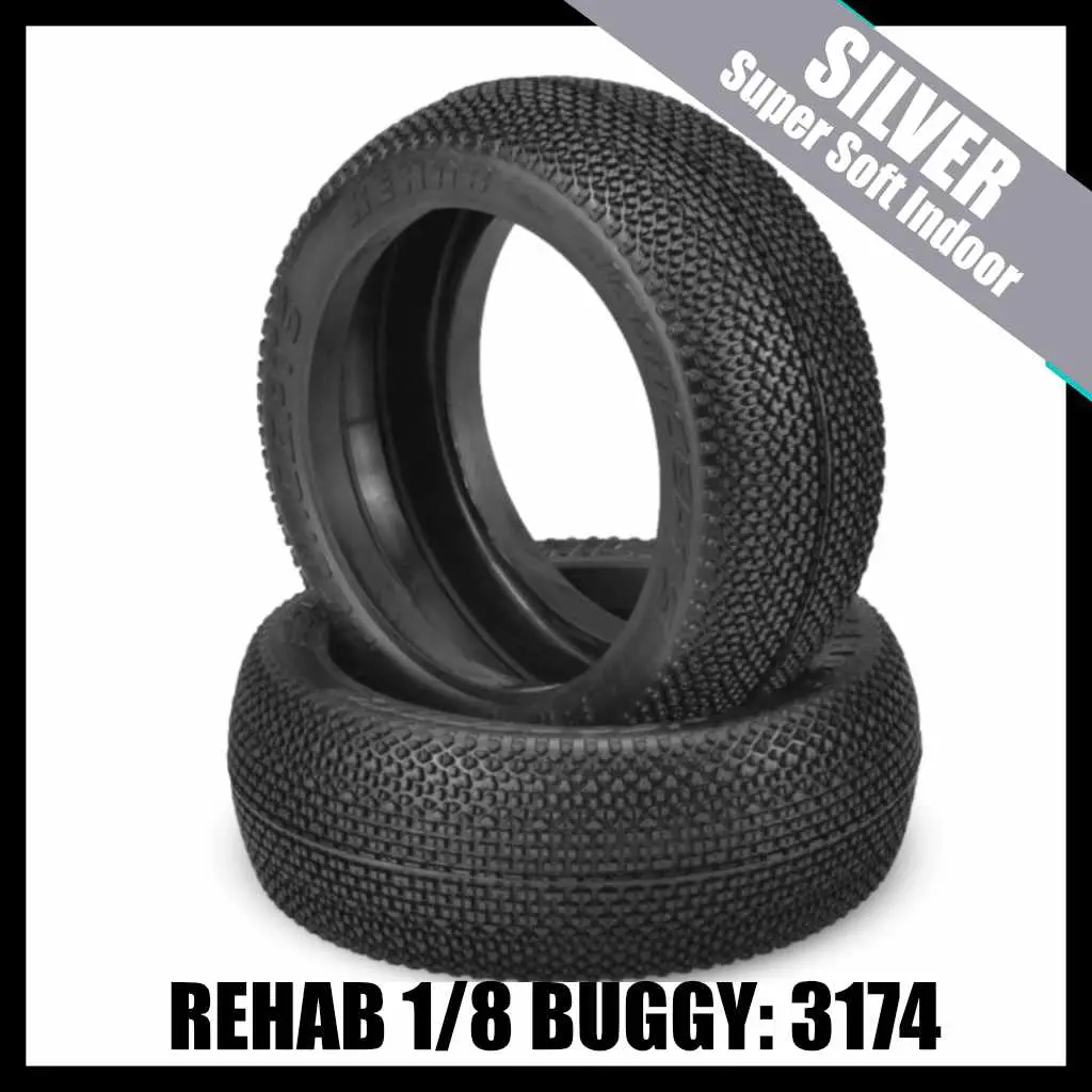 Jconcepts  3174-06  Rehab  1/8 Buggy Tires (2) - Silver (Super Soft Indoor) 1