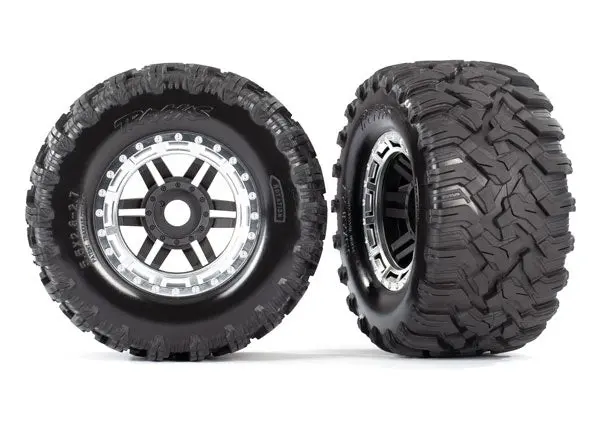 Traxxas 8972X Tires & Wheels, Assembled, Glued (Black, Satin Chrome Beadlock Style Wheels, Maxx® Mt Tires, Foam Inserts) (2) (17Mm Splined) 1
