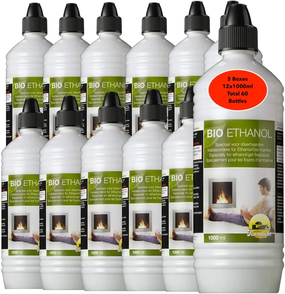 Bio Ethanol 1L Bottles  60X1l Bottles 96.6% Liquid Bioethanol Fuel 5 Boxes Brand  Farmlight 1