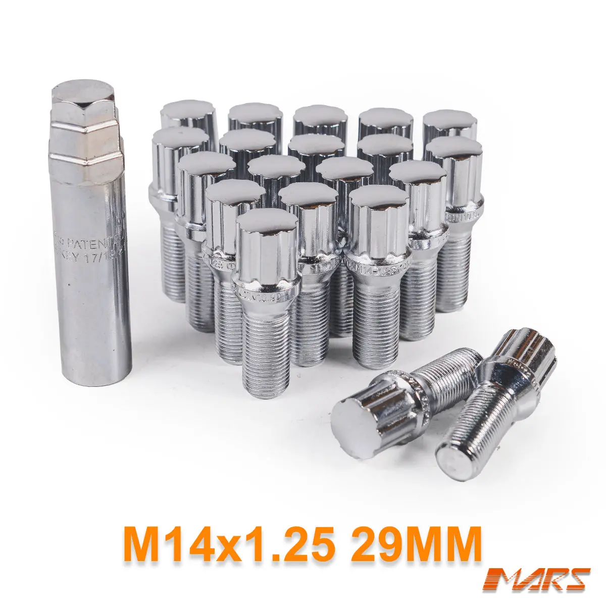 Chrome Mars Performance Wheels M14 X 1.25 29 Mm Ultra Slim 7 Spline Lock Bolts Set (20 Pcs) With Key 1