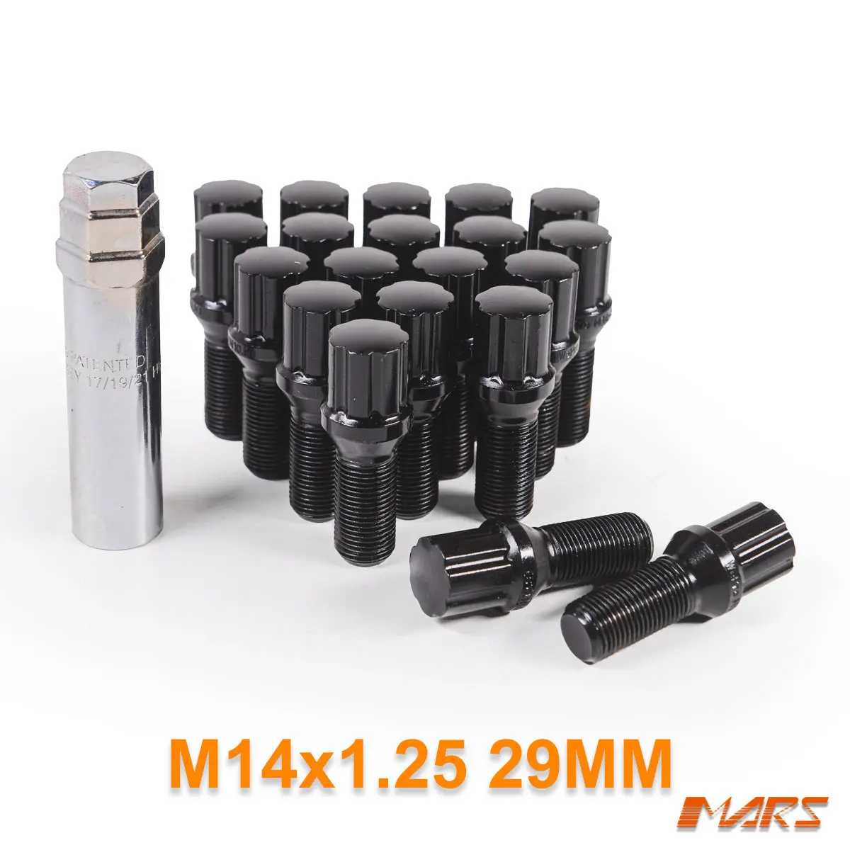 Black Mars Performance Wheels M14 X 1.25 29 Mm Ultra Slim 7 Spline Lock Bolts Set (20 Pcs) With Key 1