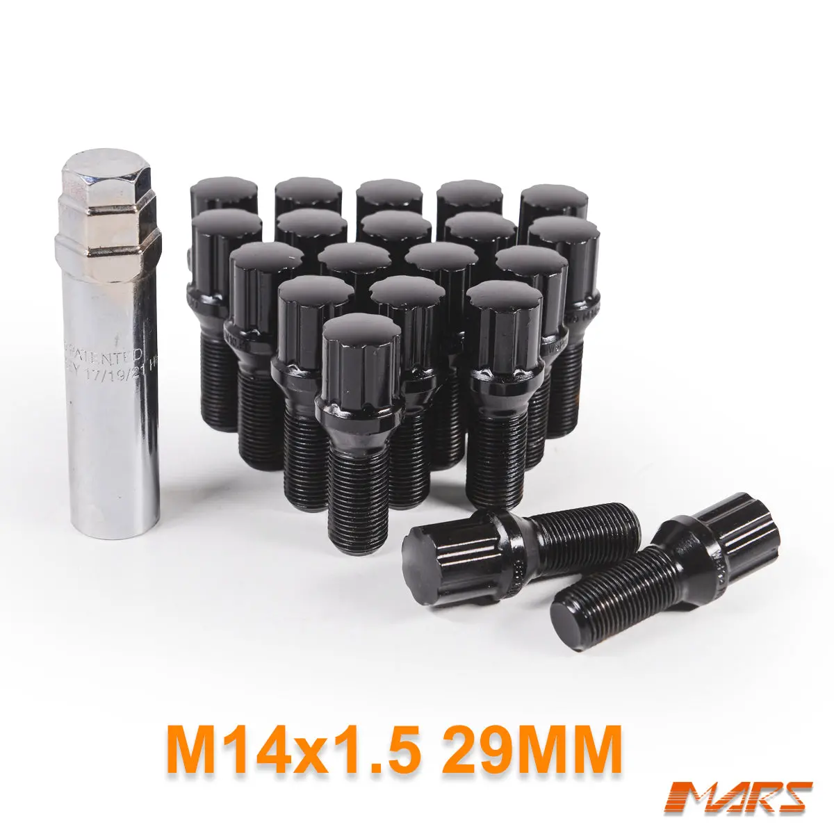Black Mars Performance Wheels M14 X 1.5 29 Mm Ultra Slim 7 Spline Lock Bolts Set (20 Pcs) With Key 1