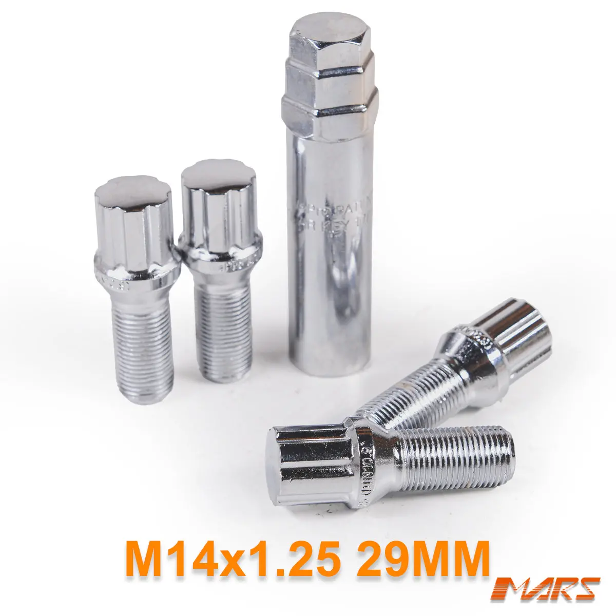 Chrome Mars Performance Wheels M14 X 1.25 29 Mm Ultra Slim 7 Spline Lock Bolts Set (4 Pcs) With Key 1