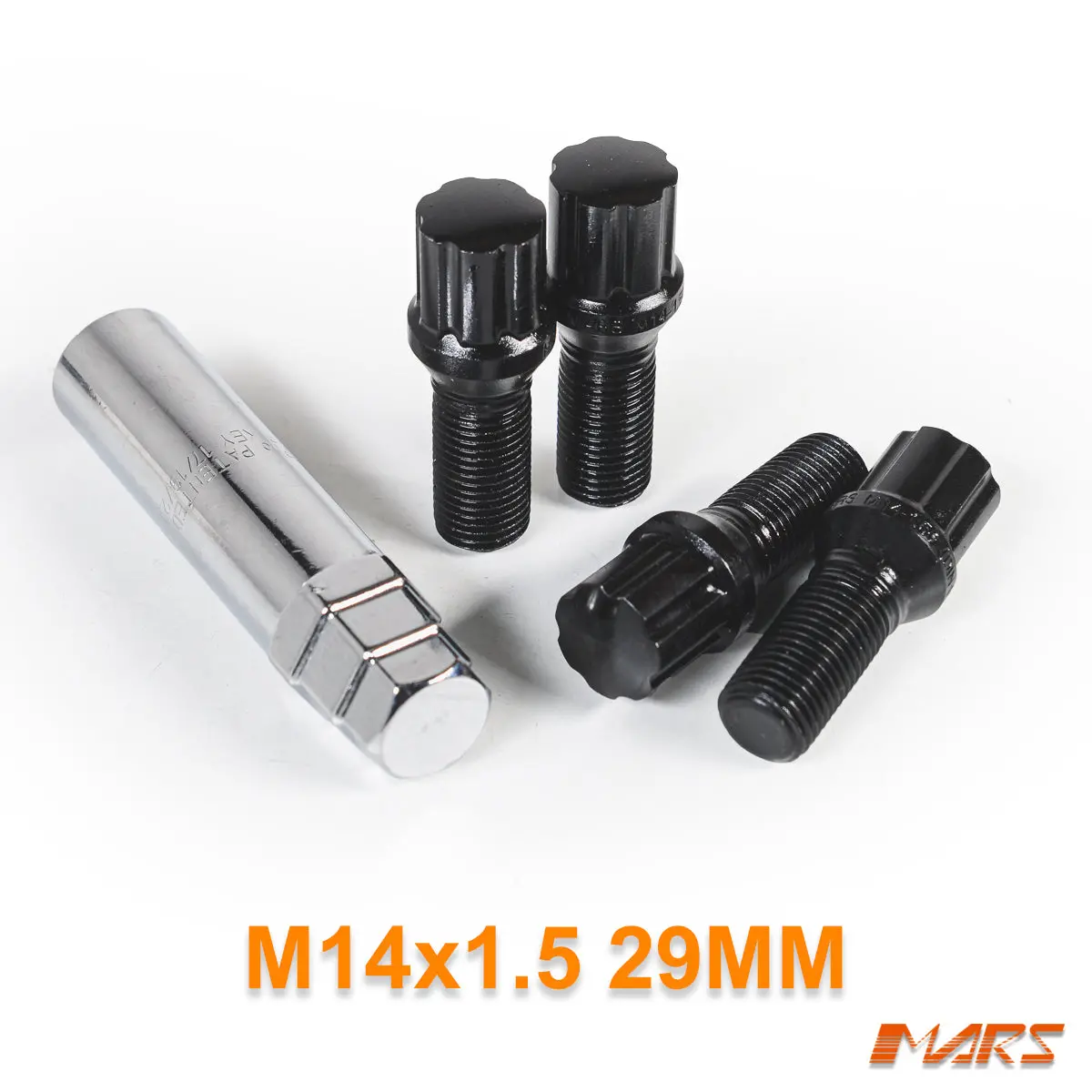 Black Mars Performance Wheels M14 X 1.5 29 Mm Ultra Slim 7 Spline Lock Bolts Set (4 Pcs) With Key 1