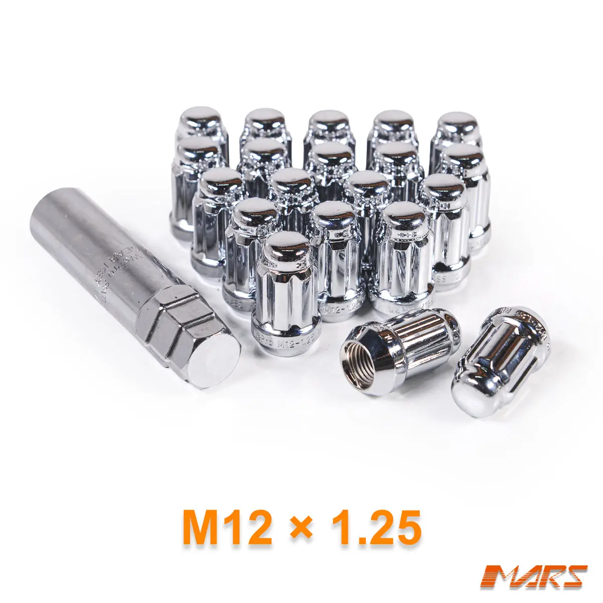 Chrome Mars Performance Wheels M12 X 1.25 Mm Ultra Slim 7 Spline Security Lock Nuts Set (20 Pcs) With Key 1