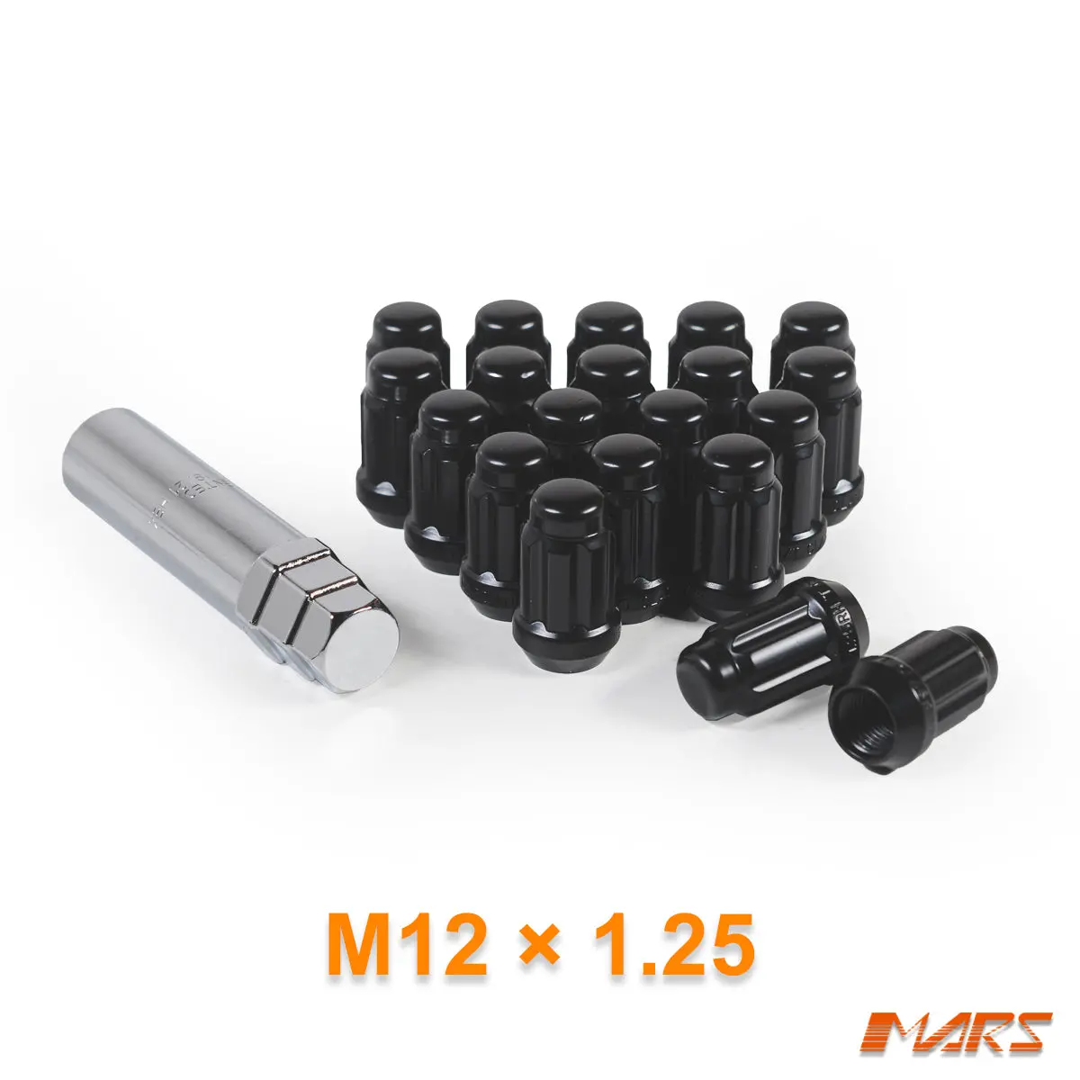 Black Mars Performance Wheels M12 X 1.25 Mm Ultra Slim 7 Spline Security Lock Nuts Set (20 Pcs) With Key 1