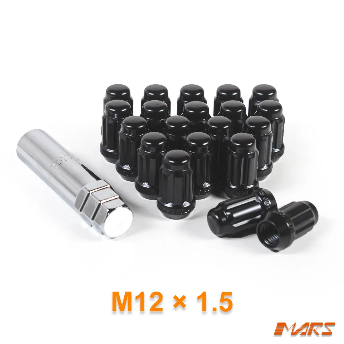Black Mars Performance Wheels M12 X 1.5 Mm Ultra Slim 7 Spline Security Lock Nuts Set (20 Pcs) With Key 1