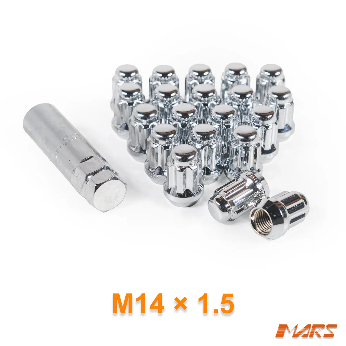 Chrome Mars Performance Wheels M14 X 1.5 Mm Ultra Slim 7 Spline Security Lock Nuts Set (20 Pcs) With Key 1