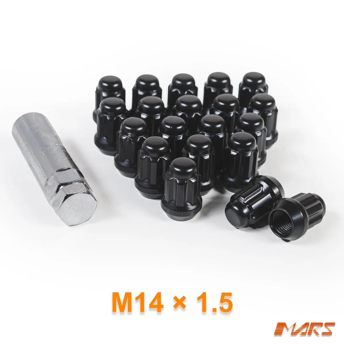 Black Mars Performance Wheels M14 X 1.5 Mm Ultra Slim 7 Spline Security Lock Nuts Set (4 Pcs) With Key 1