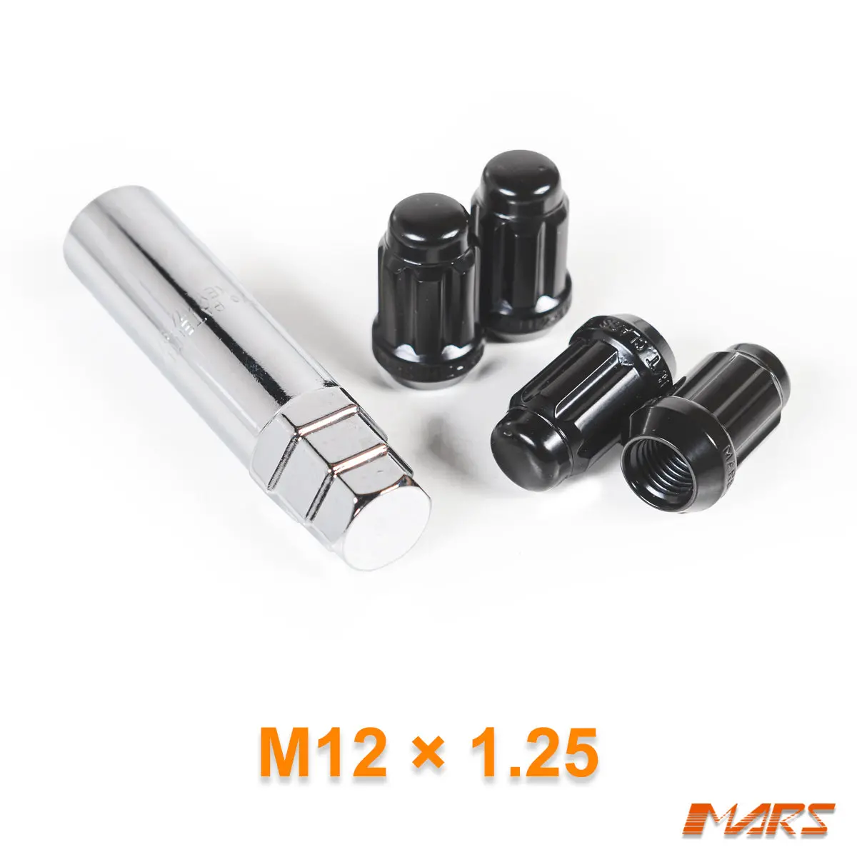 Black Mars Performance Wheels M12 X 1.25 Mm Ultra Slim 7 Spline Security Lock Nuts Set (4 Pcs) With Key 1