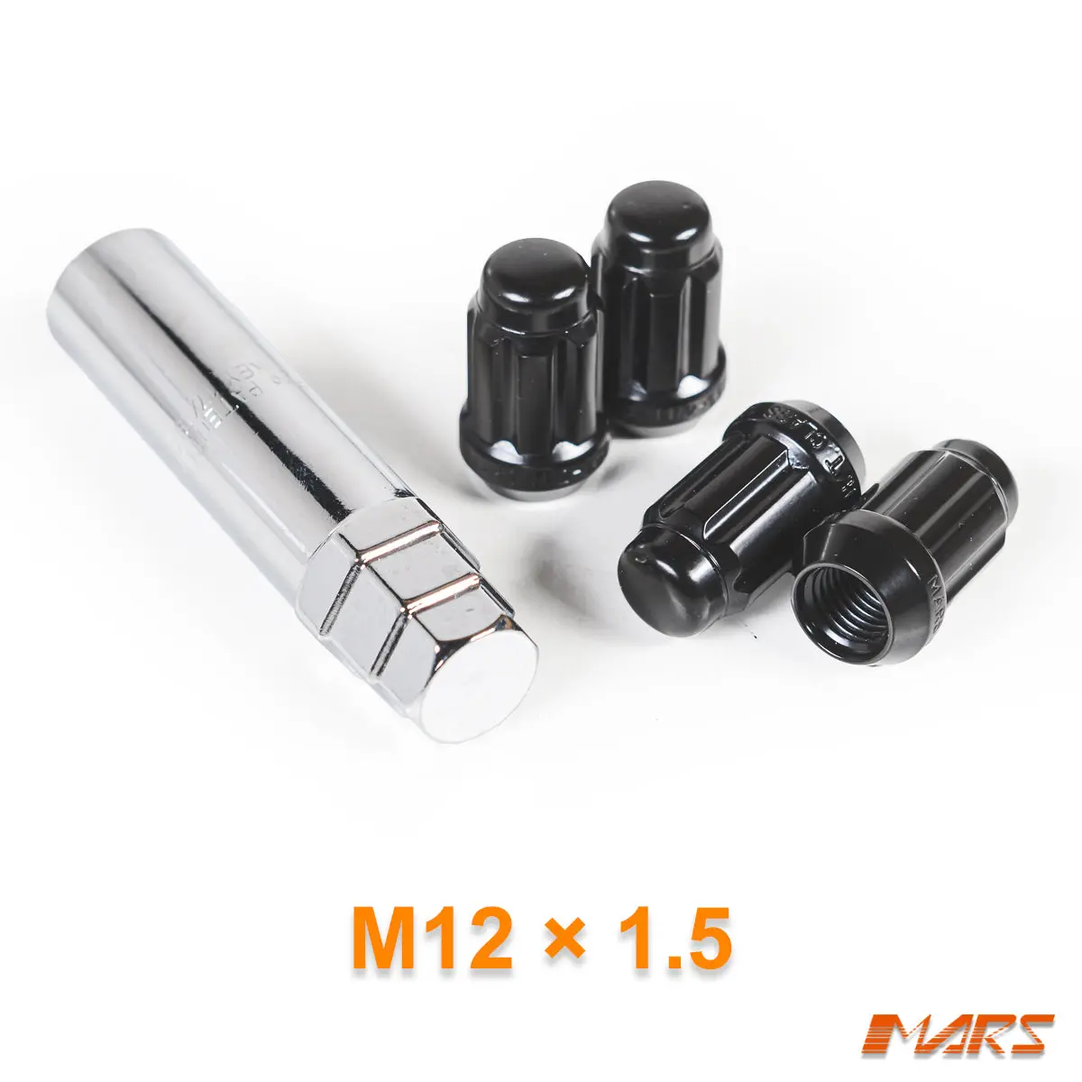Black Mars Performance Wheels M12 X 1.5 Mm Ultra Slim 7 Spline Security Lock Nuts Set (4 Pcs) With Key 1