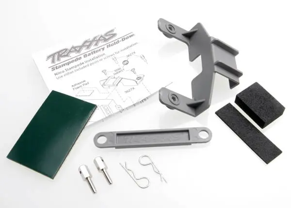 Traxxas 3627X Battery Hold-Down (Grey) (1) / Receiver Hold-Down (Grey) (1) / Metal Posts (2)/ Spacers (2)/ Body Clips (2)/ Servo Tape/ Adhesive Foam Pad 0.05 1