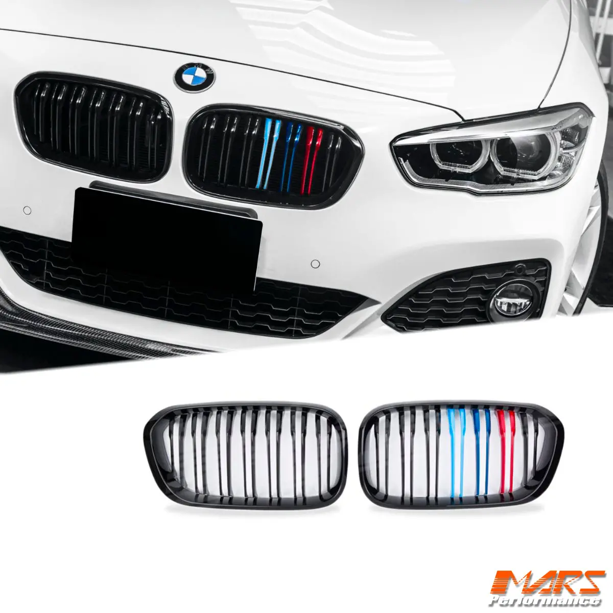 Gloss Black M4 Style Front Bumper Bar Kidney Grille With Colour Stripes For Bmw 1 Series F20 Hatch Lci 2015-2019 1