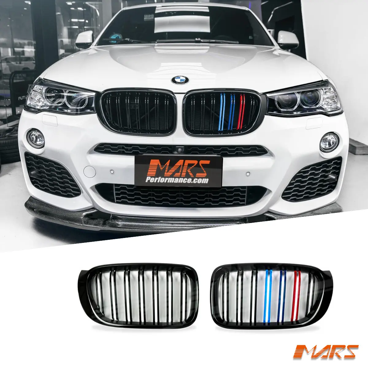 Gloss Black X4m Style Front Bumper Bar Kidney Grille Gill Bodykit With Colour Stripes For Bmw X4 F26 & X3 F25 Lci Facelift 2014-2018 1