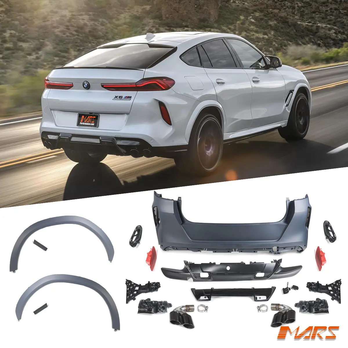 F96 X6m Style Rear Bumper Bar & Arch Flares & Exhaust Tips Bodykit For Bmw G06 X6 2019-2025 1
