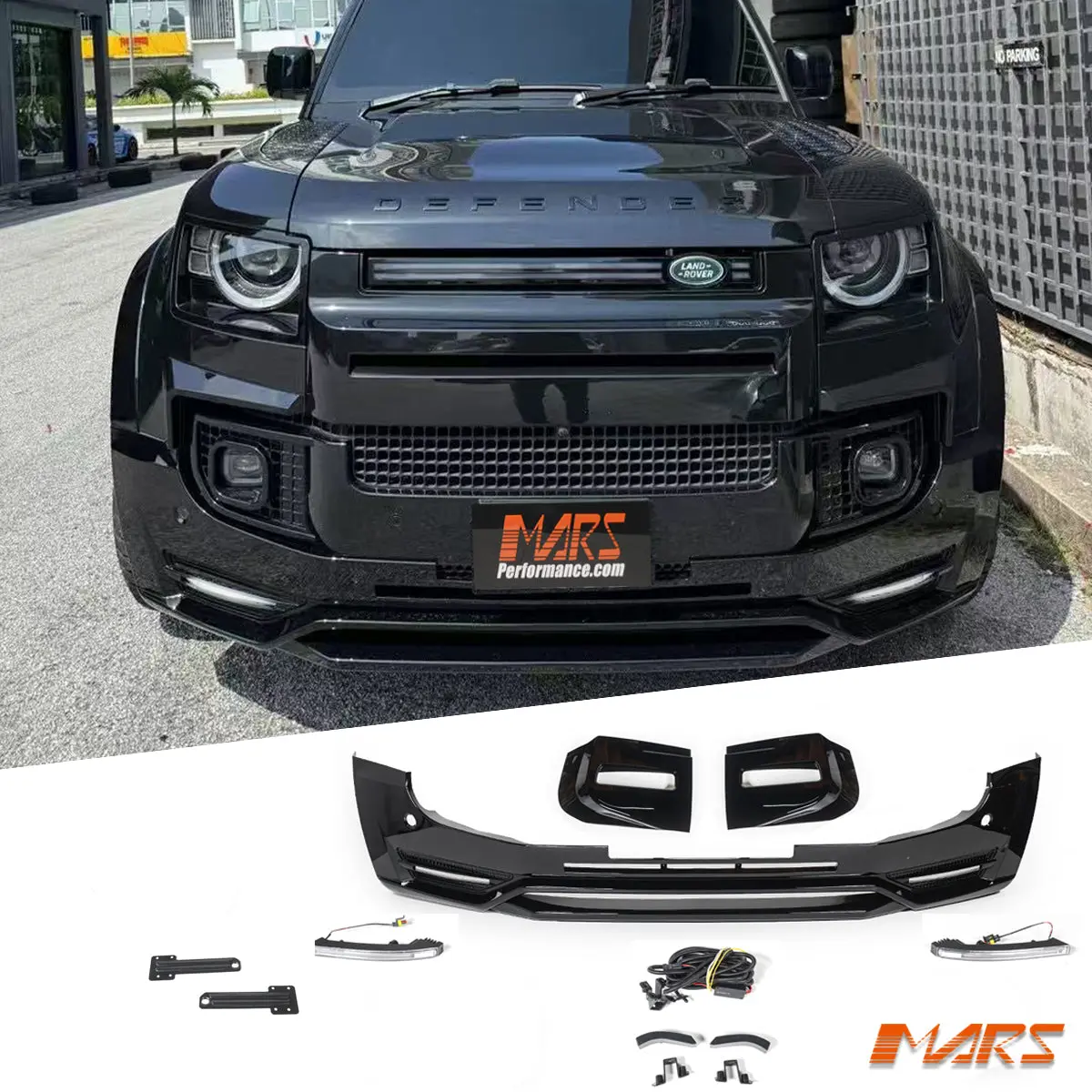Hawke Gloss Black Front Bumper Bar Lip Spoiler Bodykit & Led Drl For Land Rover Defender L663 90 110 130 2020-2026 1