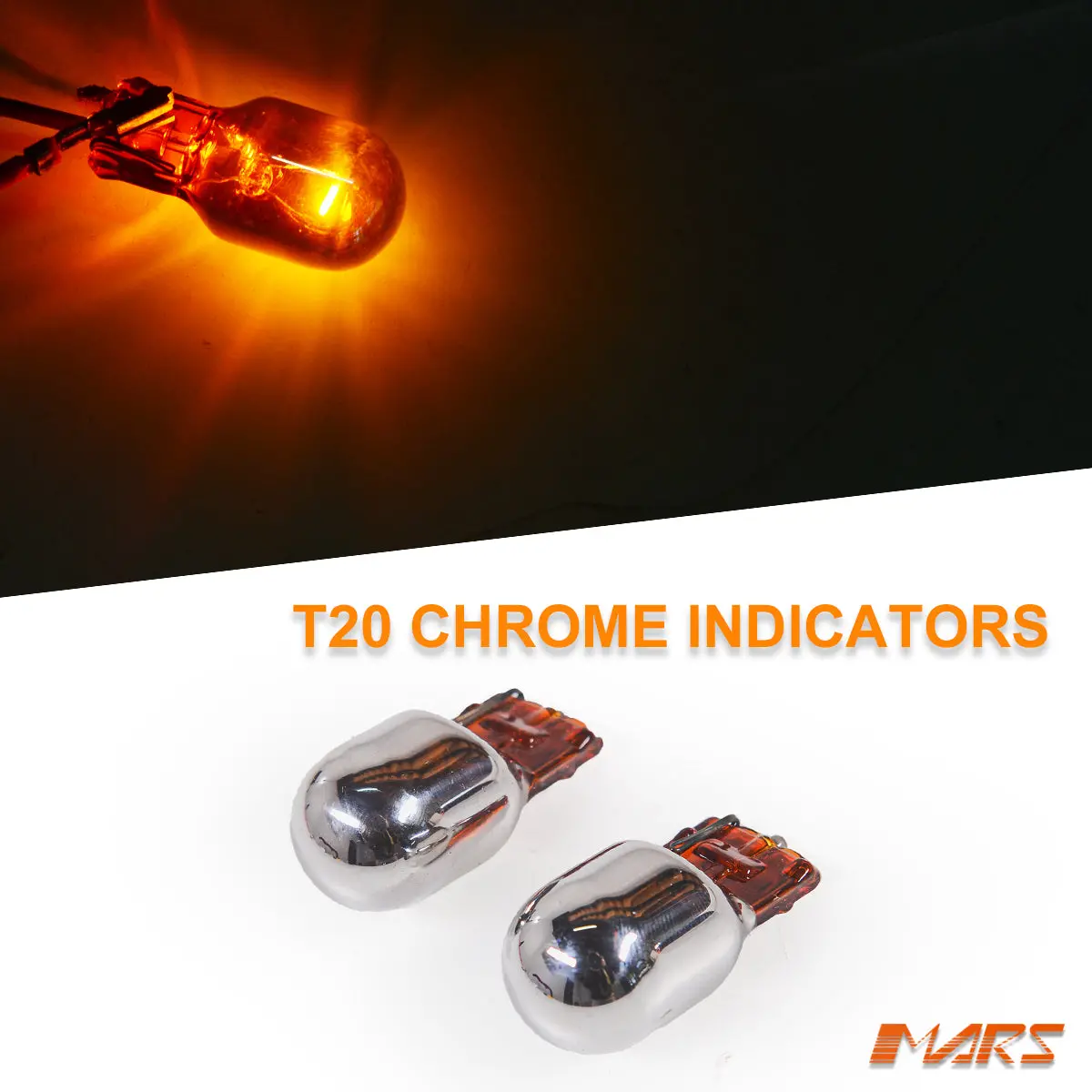 2X Mars 7440 T20 Amber Turn Signal Indicator Bulbs With Chrome Finish 1