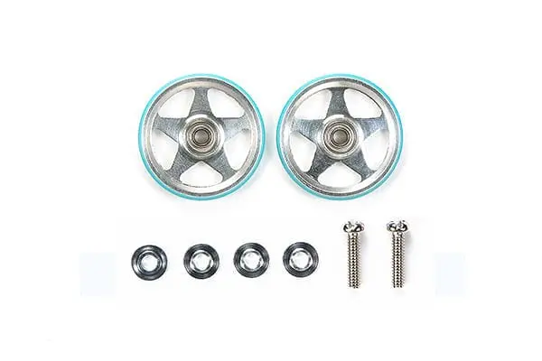 Tamiya 95397 Jr 19Mm Alum 5 Spoke Rollers - W/Plastic Rings (Light Blue) 1