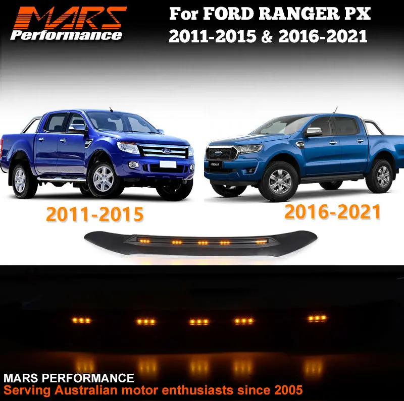 Matt Black Hood Bonnet Protector Guard Trim With Led Drl Lights For Ford Ranger Px T6 2011-2021 Mk1 Mk2 Mk3 & Raptor 1