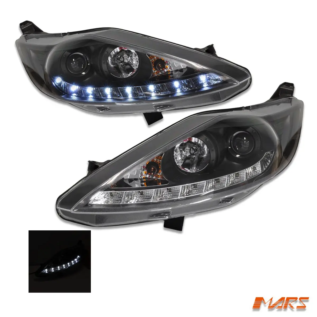 Black Day-Time Led Drl Style Projector Head Lights For Ford Fiesta 2009-2013 Ws Wt 1