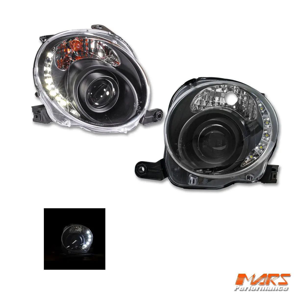 Black Drl Day-Time Dual Beam Projector Head Lights For Fiat 500 500C 2008-2013 1