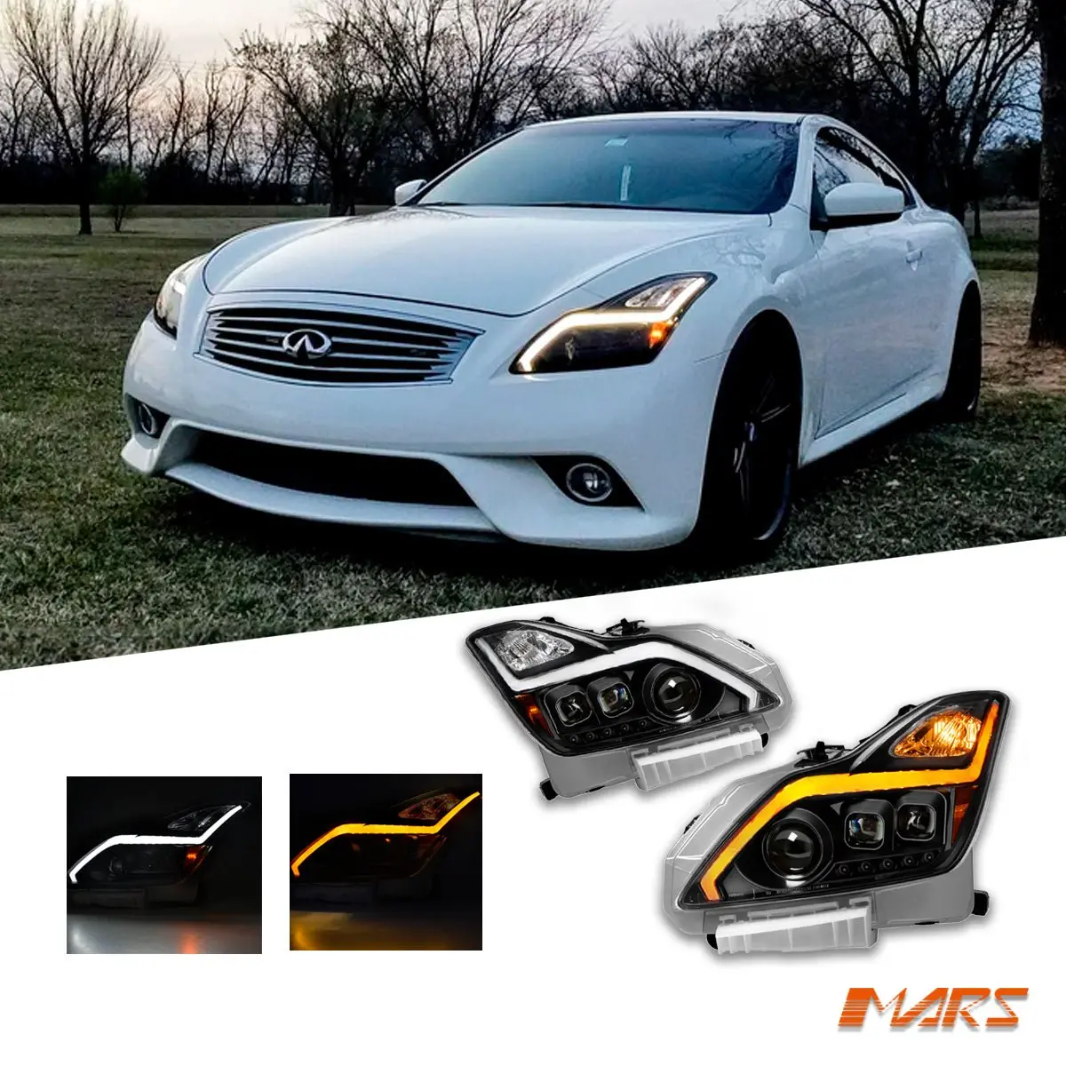 Black Gtr R35 Style Led Drl Dual Projector Head Lights With Sequential Indicator For Infiniti G37 & 370Gt Coupe 1