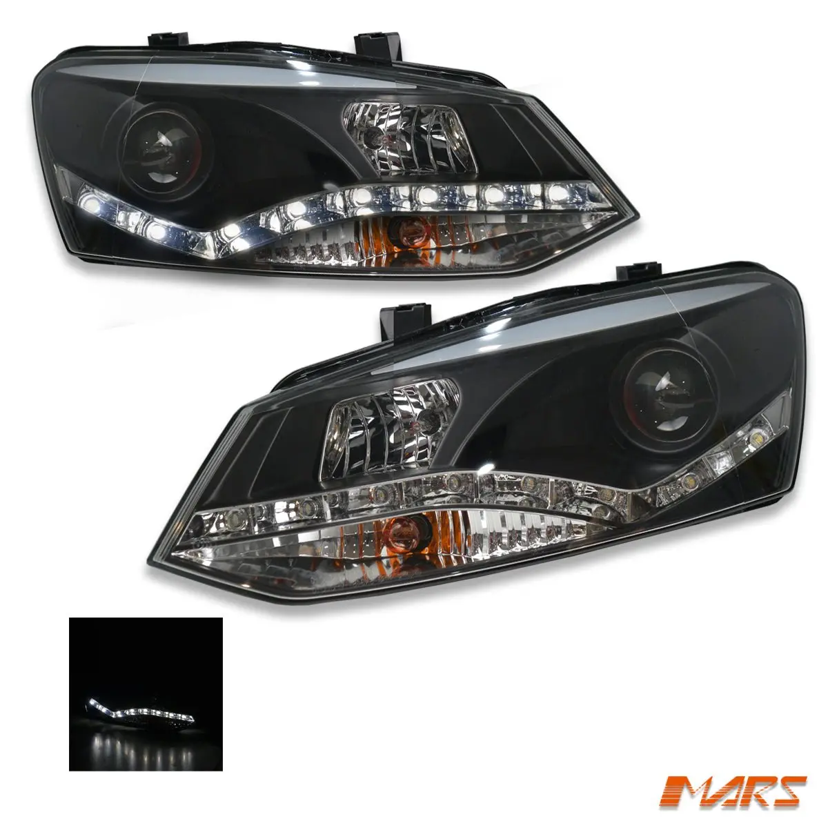 Black Led Drl Projector Head Lights For Volkswagen Vw Polo 6R 2010-2016 1