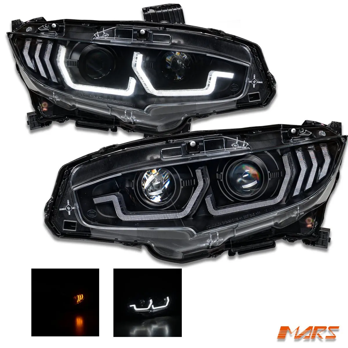 Black Led Drl Projector Head Lights With Sequential Indicator For Honda Civic X 2016-2022 Sedan & Hatch Vti Vti-L Vti-S 1