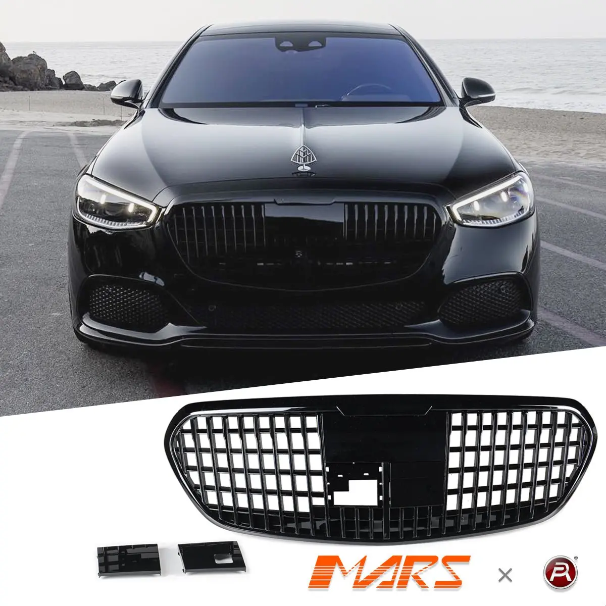 Gloss Black Maybach Style Front Bumper Bar Grill Grille Bodykit For Mercedes-Benz W223 S-Class 2021+ 1