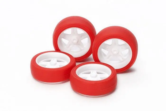 Tamiya 15504 Jr Lg Dia 5-Spoke Wheels - W/Hard Red Slick Tires 1