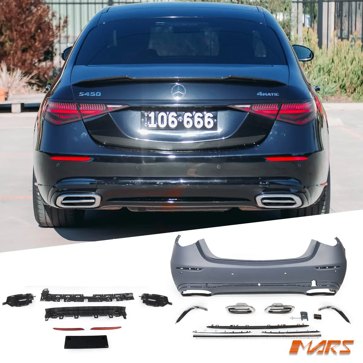 Maybach Style Rear Bumper Bar Bodykit & Exhaust Tips For Mercedes-Benz W223 S-Class 2021-2024 1