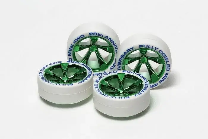 Tamiya 95075 Jr Low Profile Tires White - W/Green Plated Wheels 1